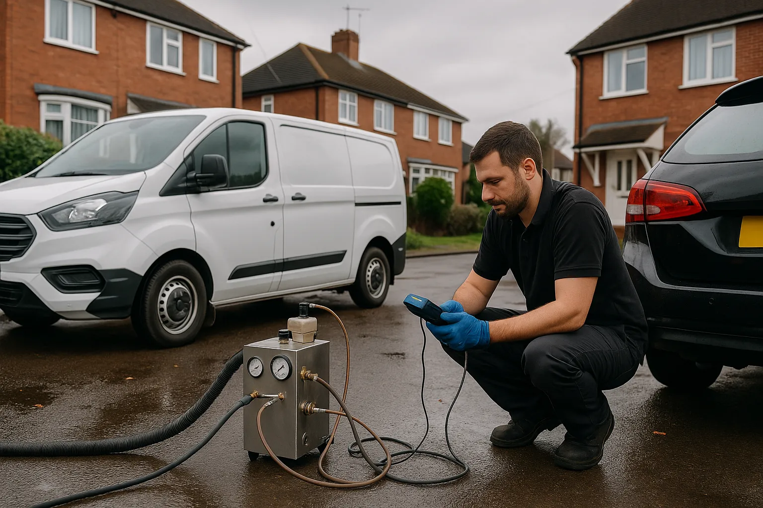Technician performing DPF cleaning on a diesel vehicle