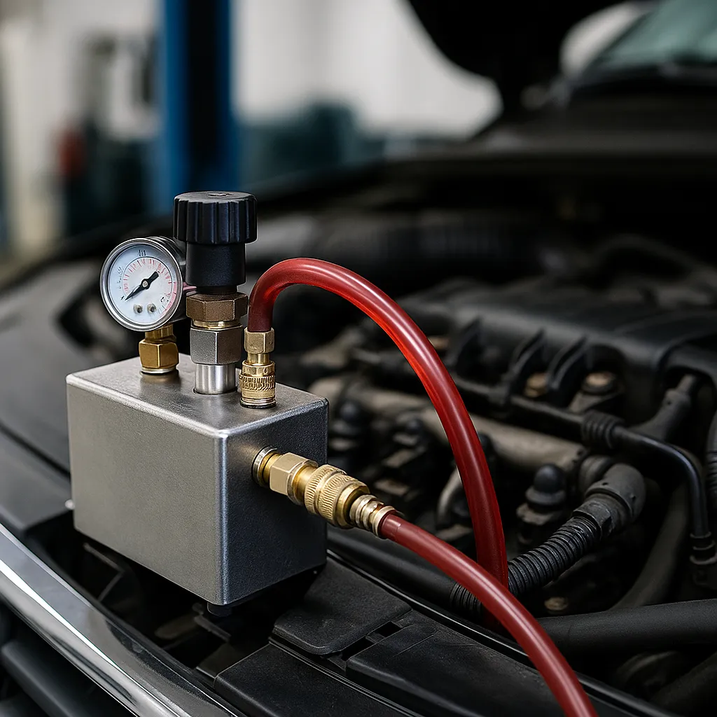 Engine Carbon Cleaning – Stoke-on-Trent Hydrogen engine carbon-cleaning device with red hose attached to a car’s intake in a Stoke-on-Trent workshop.