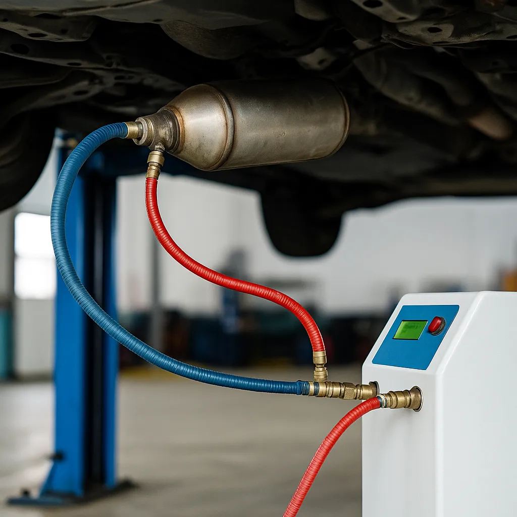DPF Cleaning & Regeneration – Stoke-on-Trent Diesel particulate filter under a raised car connected by red and blue hoses to a DPF regeneration machine in a Stoke-on-Trent workshop.