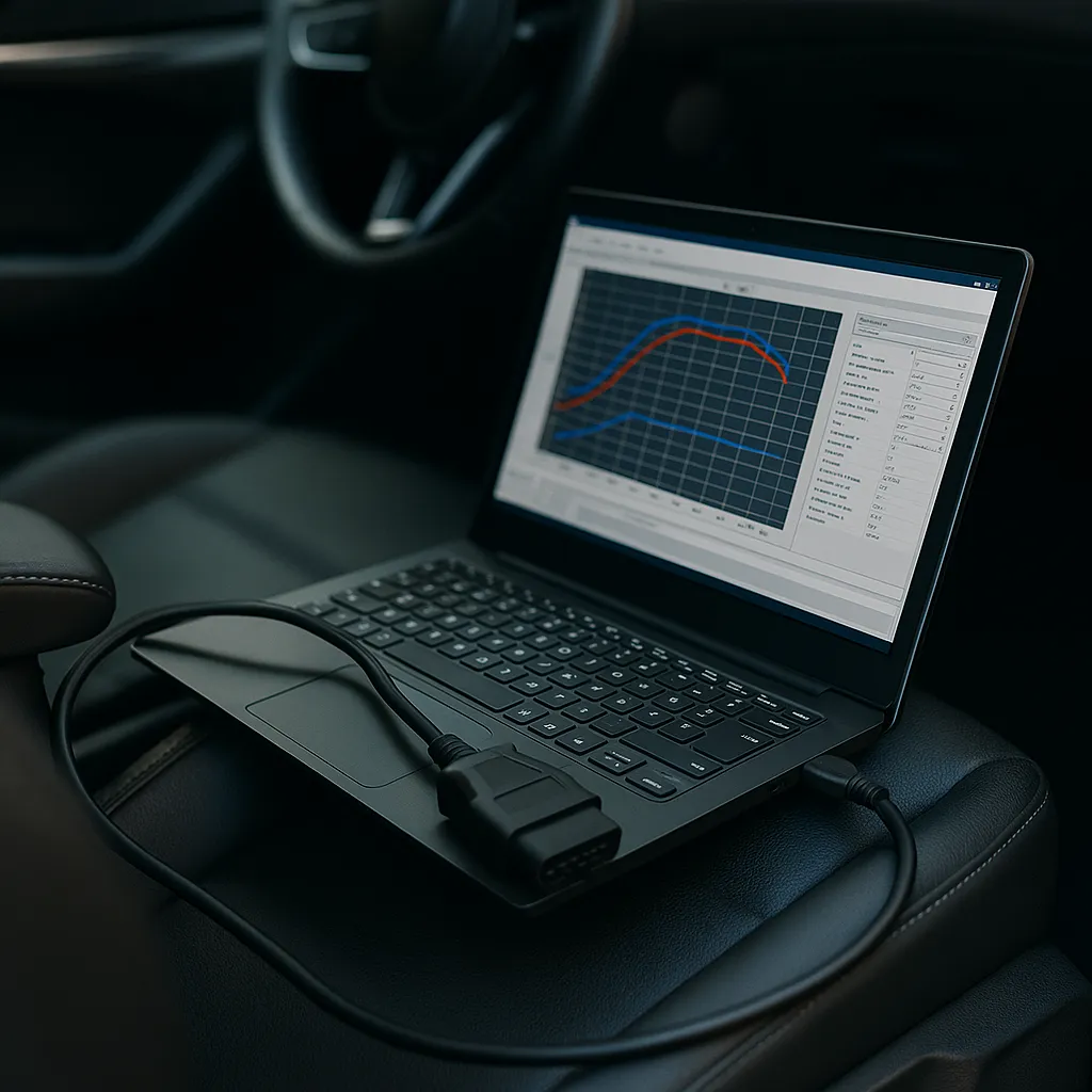 ECU Performance Remap – Stoke-on-Trent Laptop running ECU tuning software on a car seat, OBD cable connected, Stoke-on-Trent.