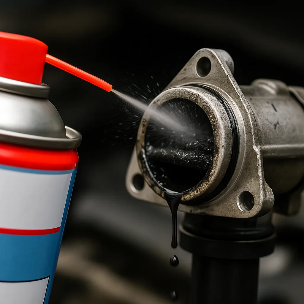 EGR Valve Cleaning – Stoke-on-Trent Aerosol spray cleaning carbon deposits from an EGR valve in a Stoke-on-Trent workshop.