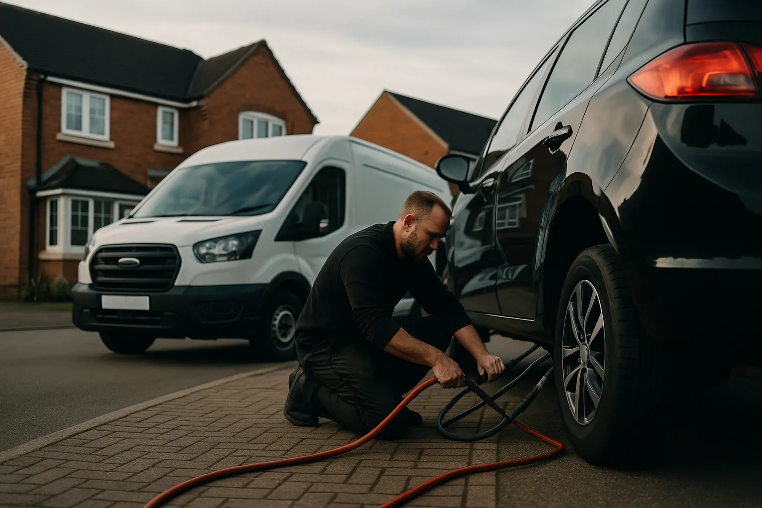 Mobile DPF technician flushing the filter on a black hatchback in a Stoke-on-Trent driveway, white service van parked behind