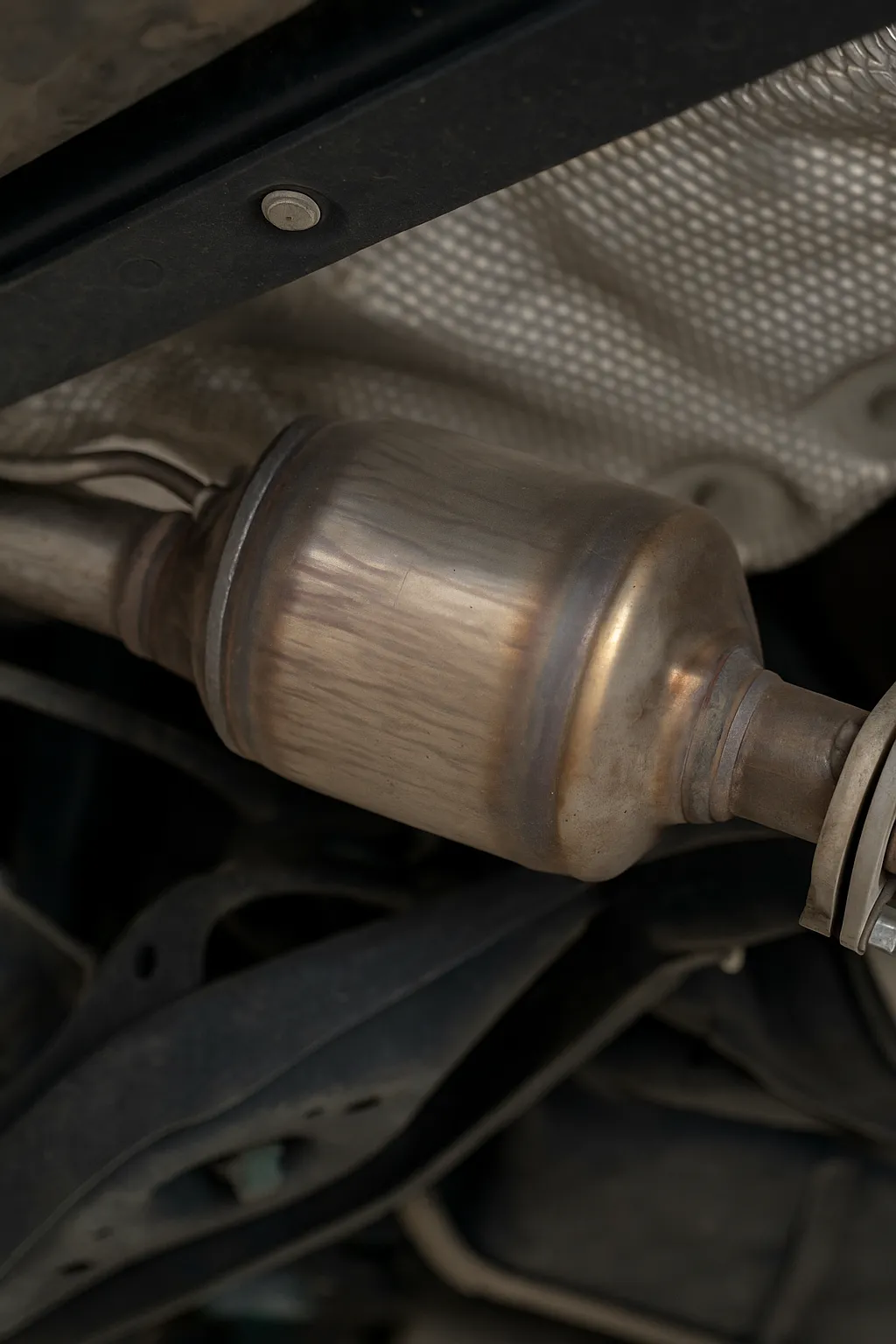 Diesel Particulate Filter Mounted Beneath Vehicle Close-up of a diesel particulate filter (DPF) mounted under a vehicle chassis, viewed beside heat shielding and suspension.