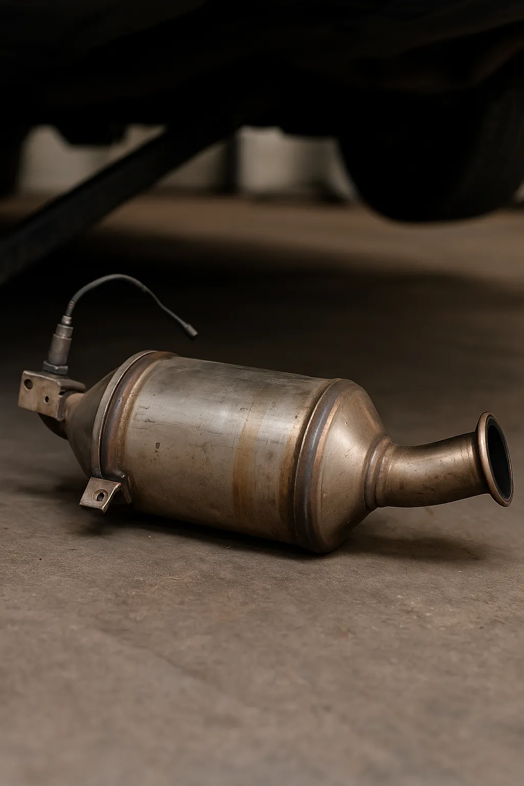 DPF Removed for Cleaning – Workshop View Diesel particulate filter removed from vehicle, lying on a concrete floor in a workshop