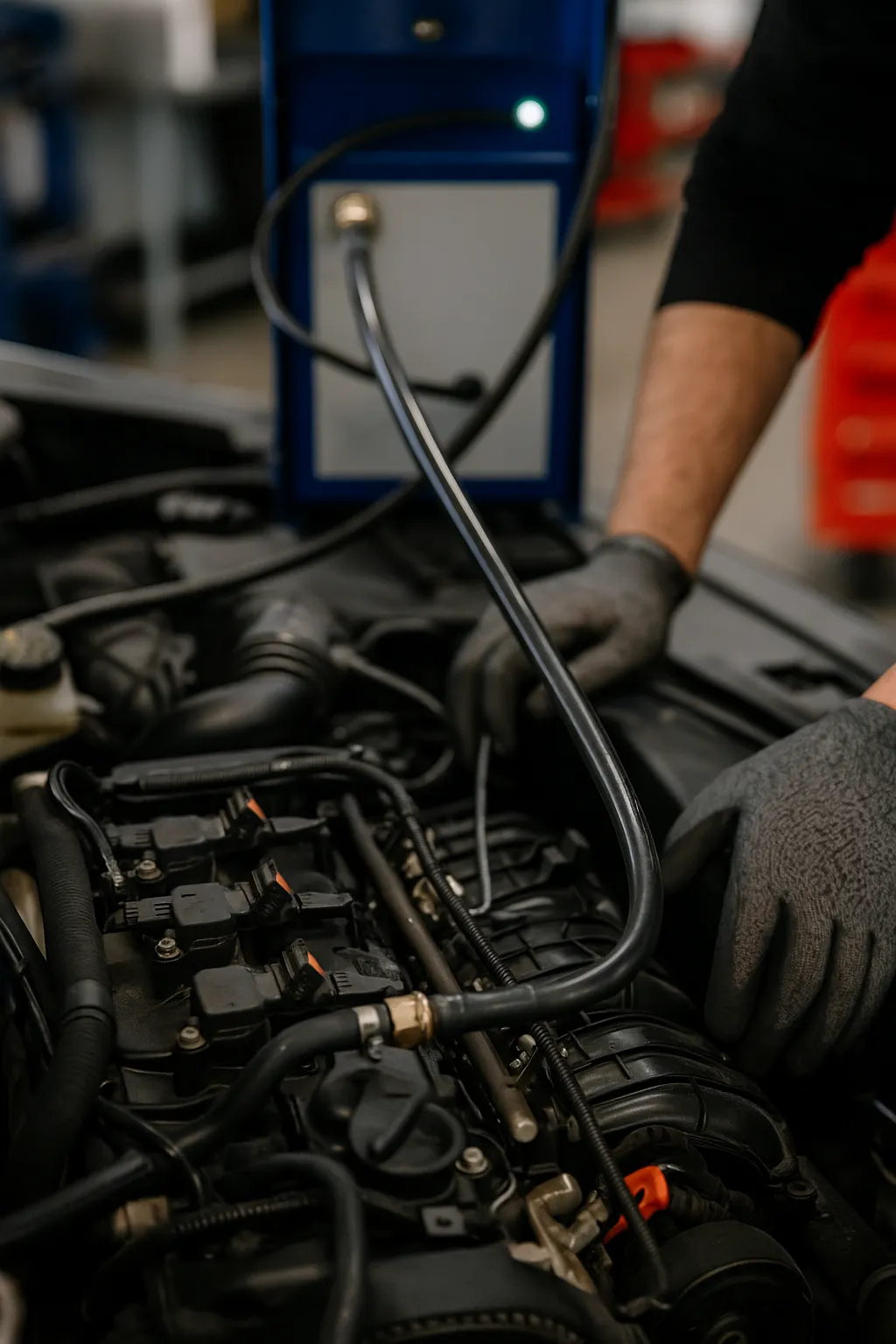 Engine Carbon Cleaning – Live Decarbonisation Close-up of a mechanic performing engine carbon cleaning using a hydrogen machine connected to the intake system