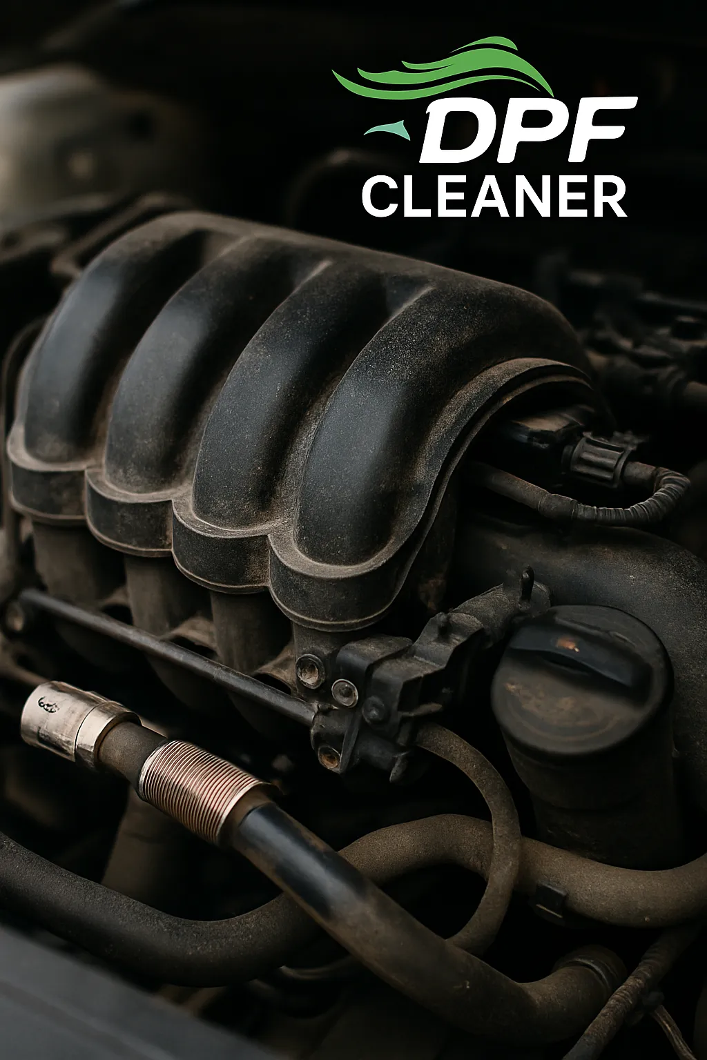 Engine Intake Manifold Showing Carbon Buildup Close-up of a black plastic intake manifold with visible dust and carbon build-up on a petrol engine.