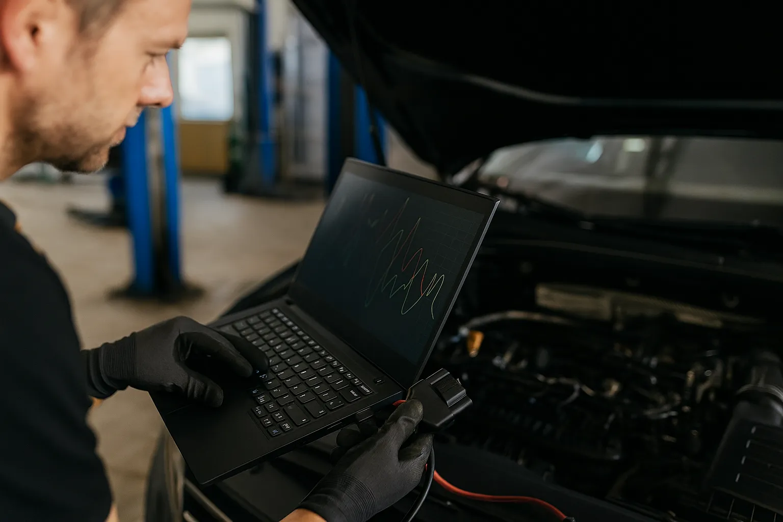Engine Carbon Cleaning – Live Decarbonisation Close-up of a mechanic performing engine carbon cleaning using a hydrogen machine connected to the intake system