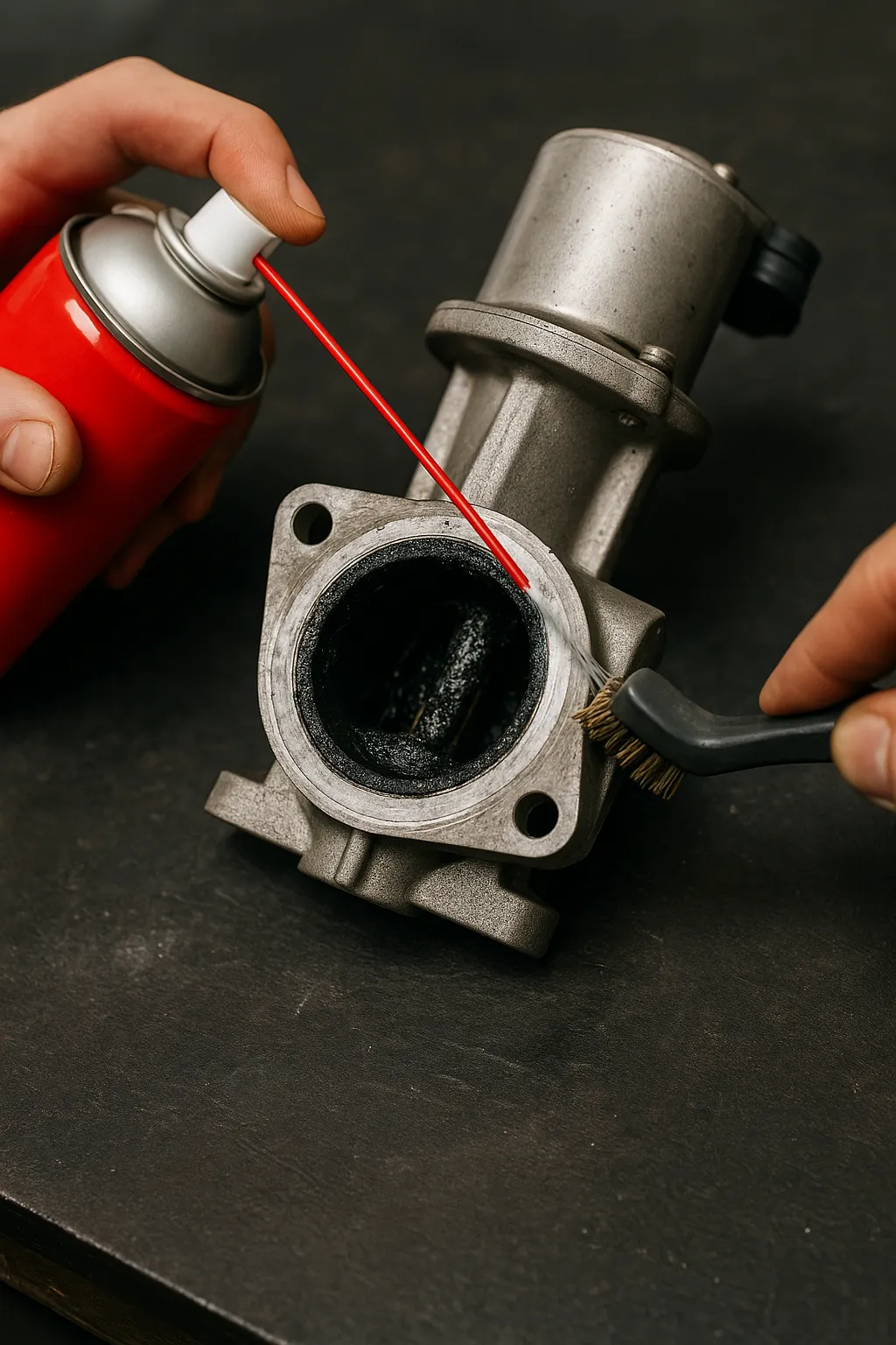 Engine Carbon Cleaning – Live Decarbonisation Close-up of a mechanic performing engine carbon cleaning using a hydrogen machine connected to the intake system