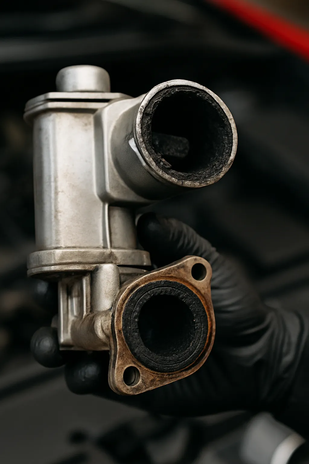 Gloved mechanic holding a carbon-coated EGR valve just removed from a diesel engine.