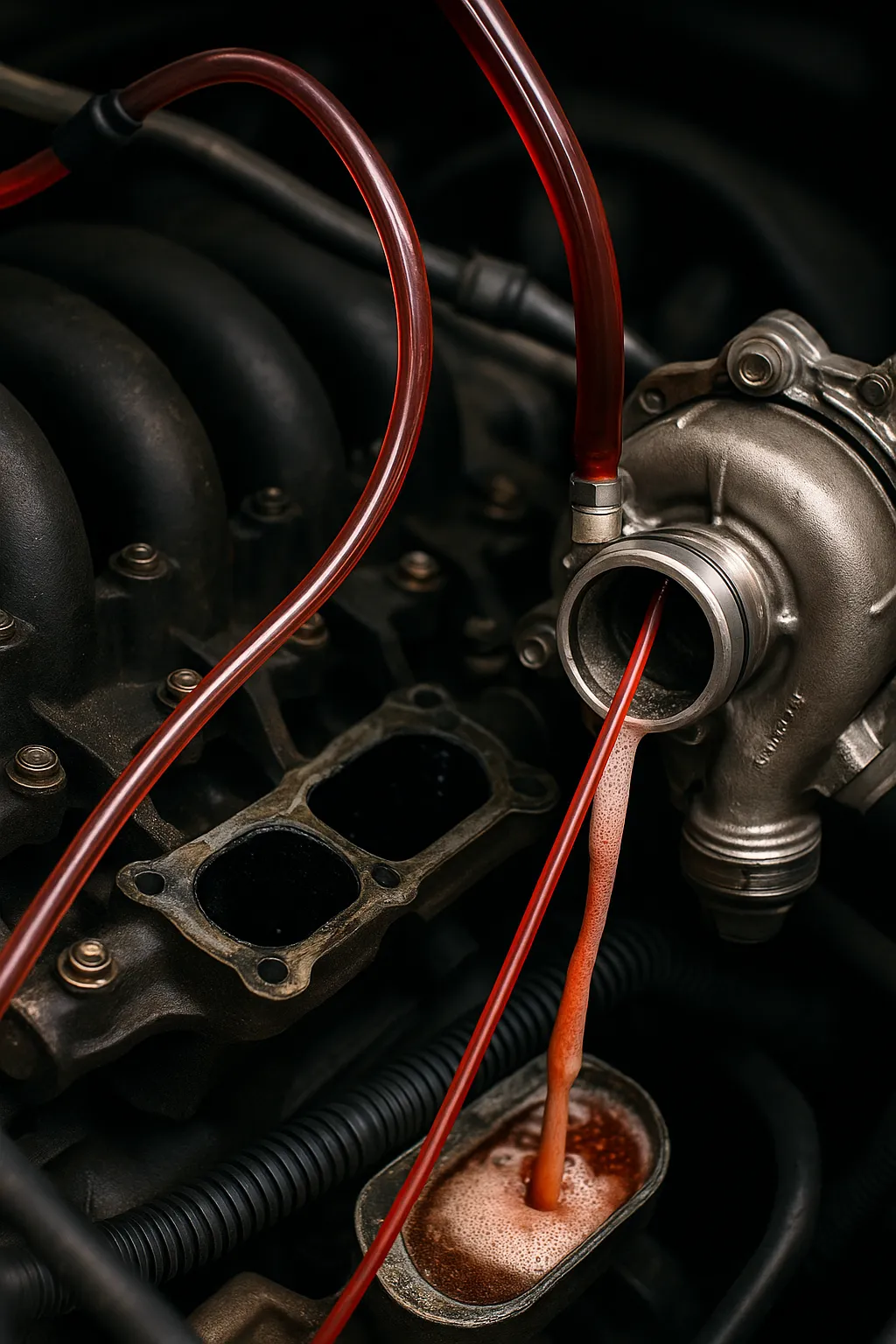 Engine Carbon Cleaning – Live Decarbonisation Close-up of a mechanic performing engine carbon cleaning using a hydrogen machine connected to the intake system