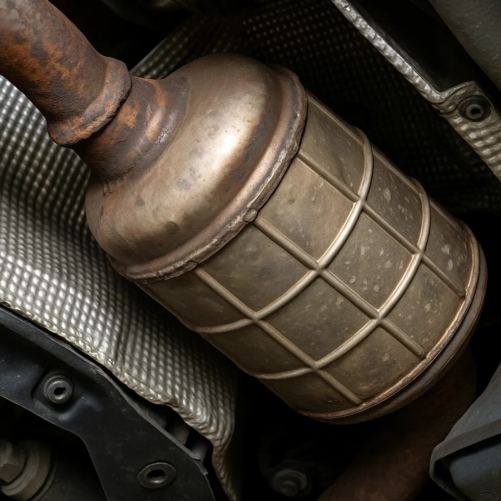 DPF Under Vehicle – Stoke-on-Trent Diesel particulate filter hanging beneath a raised car in a Stoke-on-Trent workshop, portrait view.