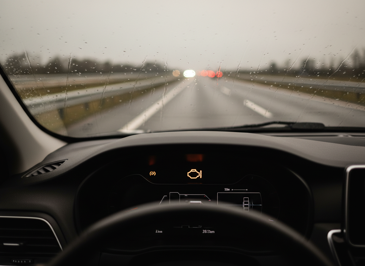 Amber engine warning light illuminated on a dashboard in rainy conditions