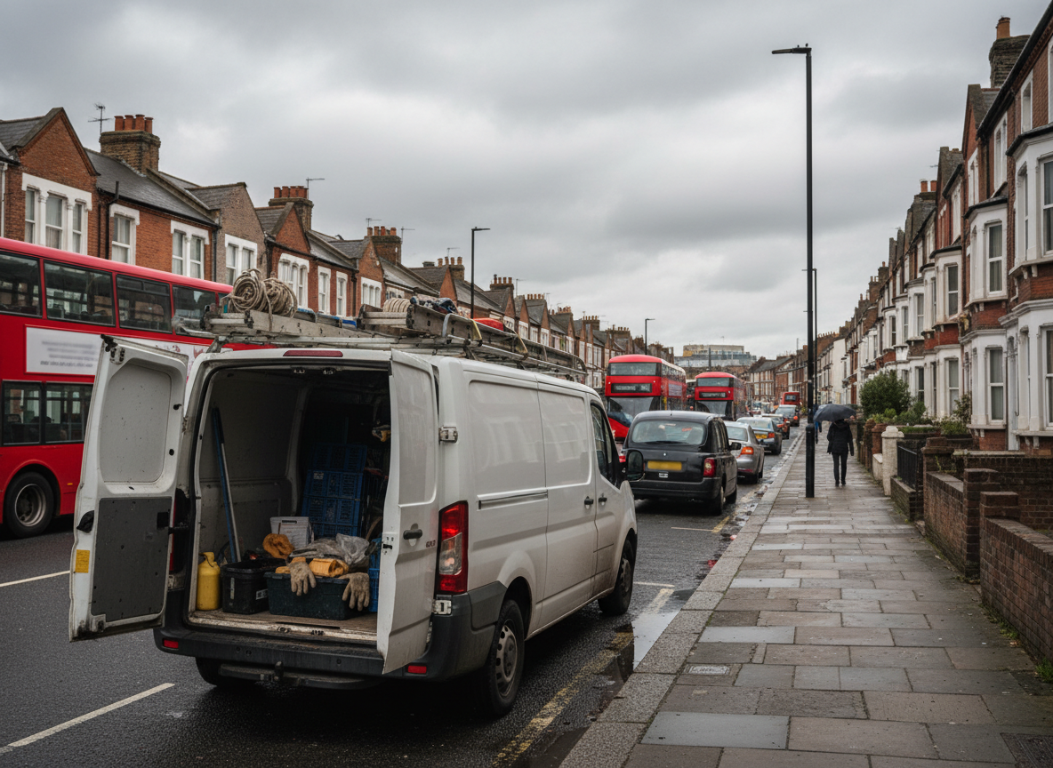 White diesel van on a UK urban street — diesel vehicles commonly need DPF servicing