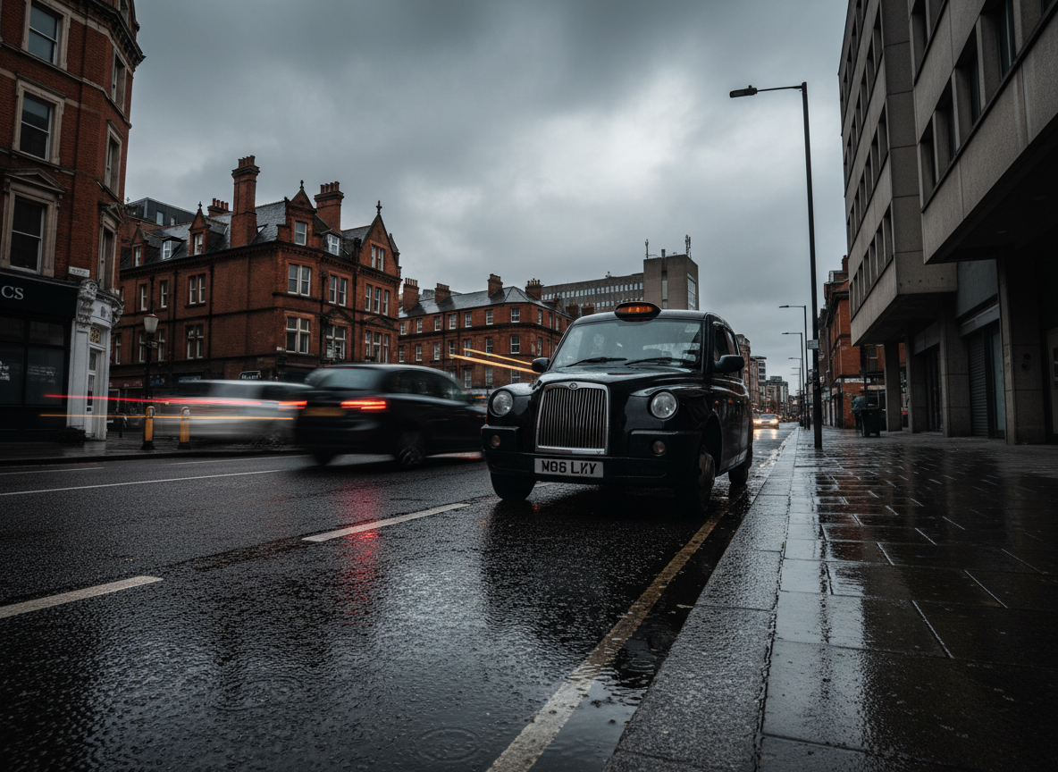 Black diesel saloon taxi parked on a UK street