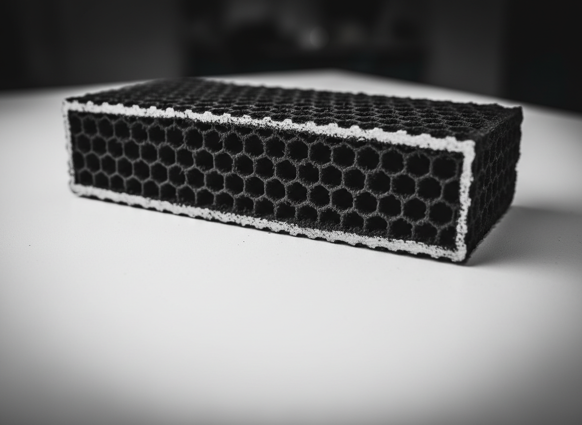 Cross-section of a diesel particulate filter on a white surface showing internal substrate