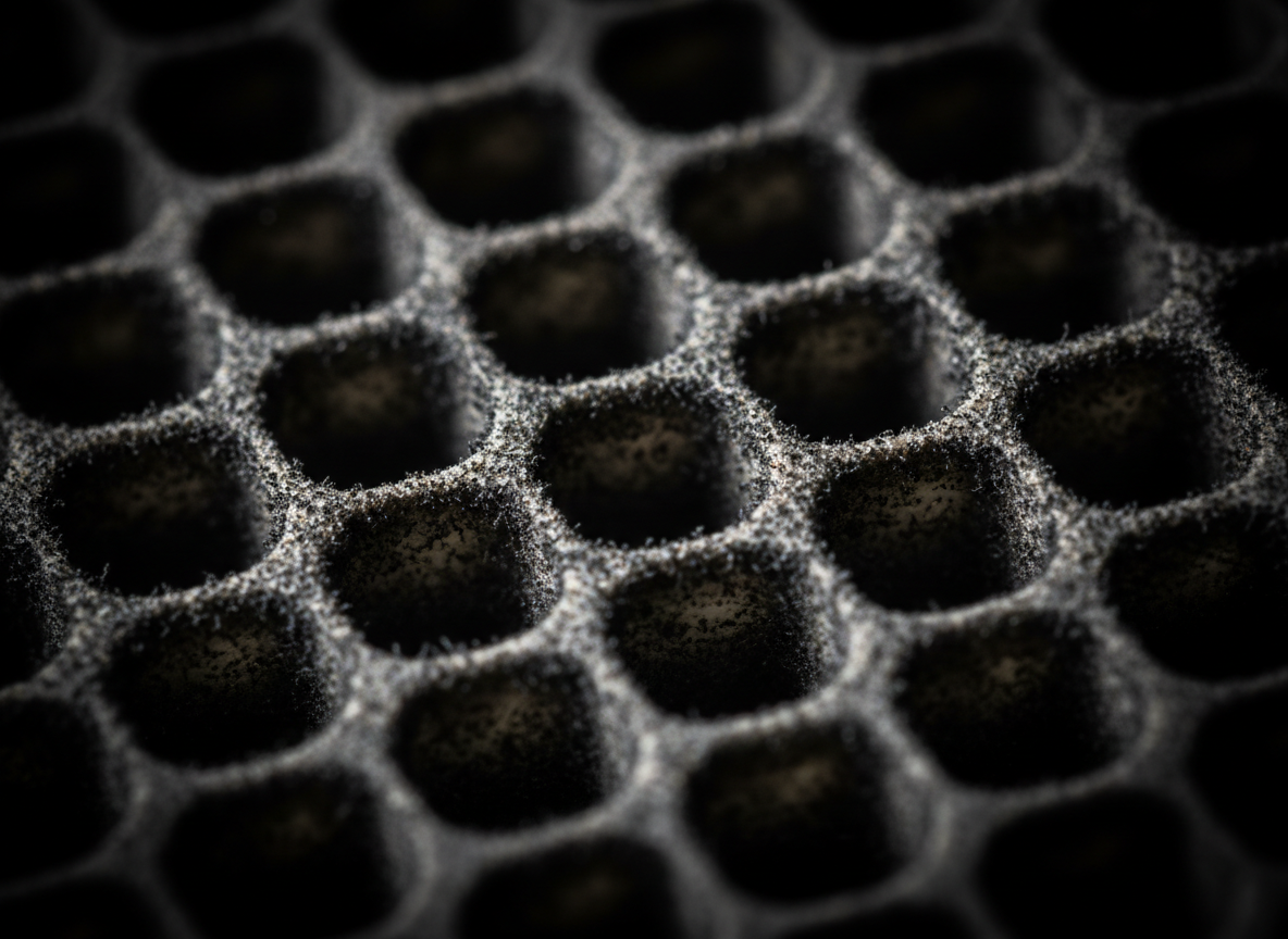Close-up of DPF honeycomb substrate showing heavy soot and carbon deposits