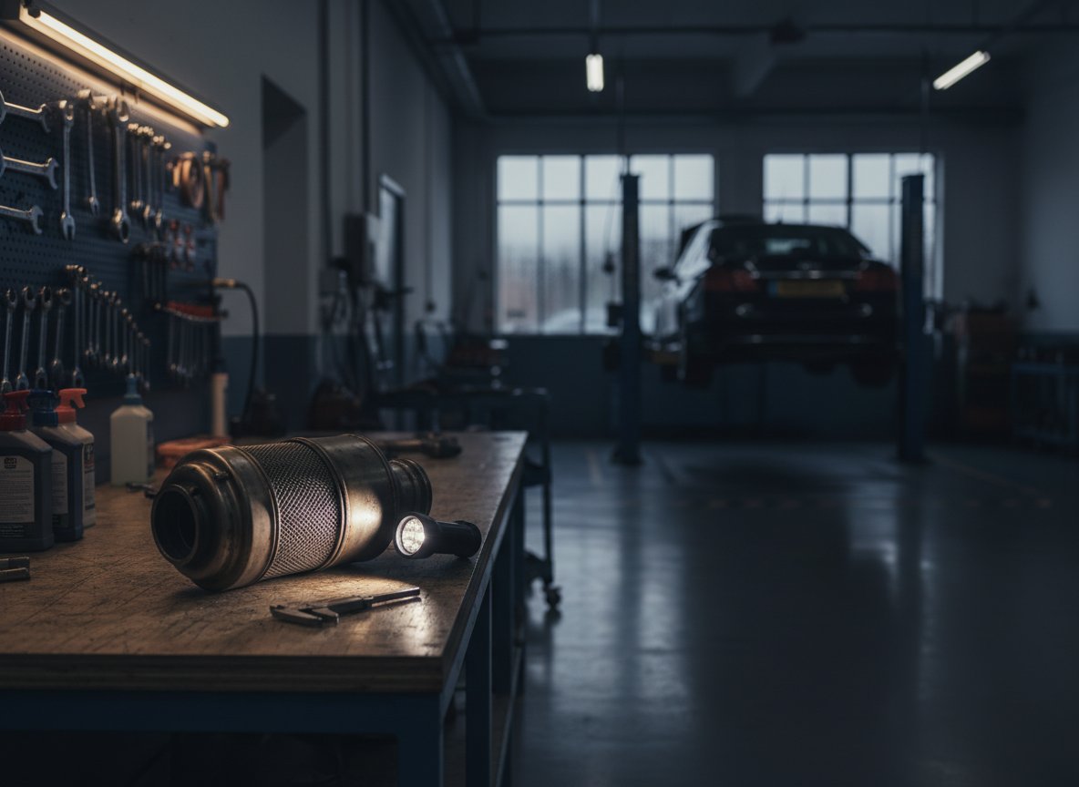 Diesel particulate filter resting on a bench in a clean specialist workshop