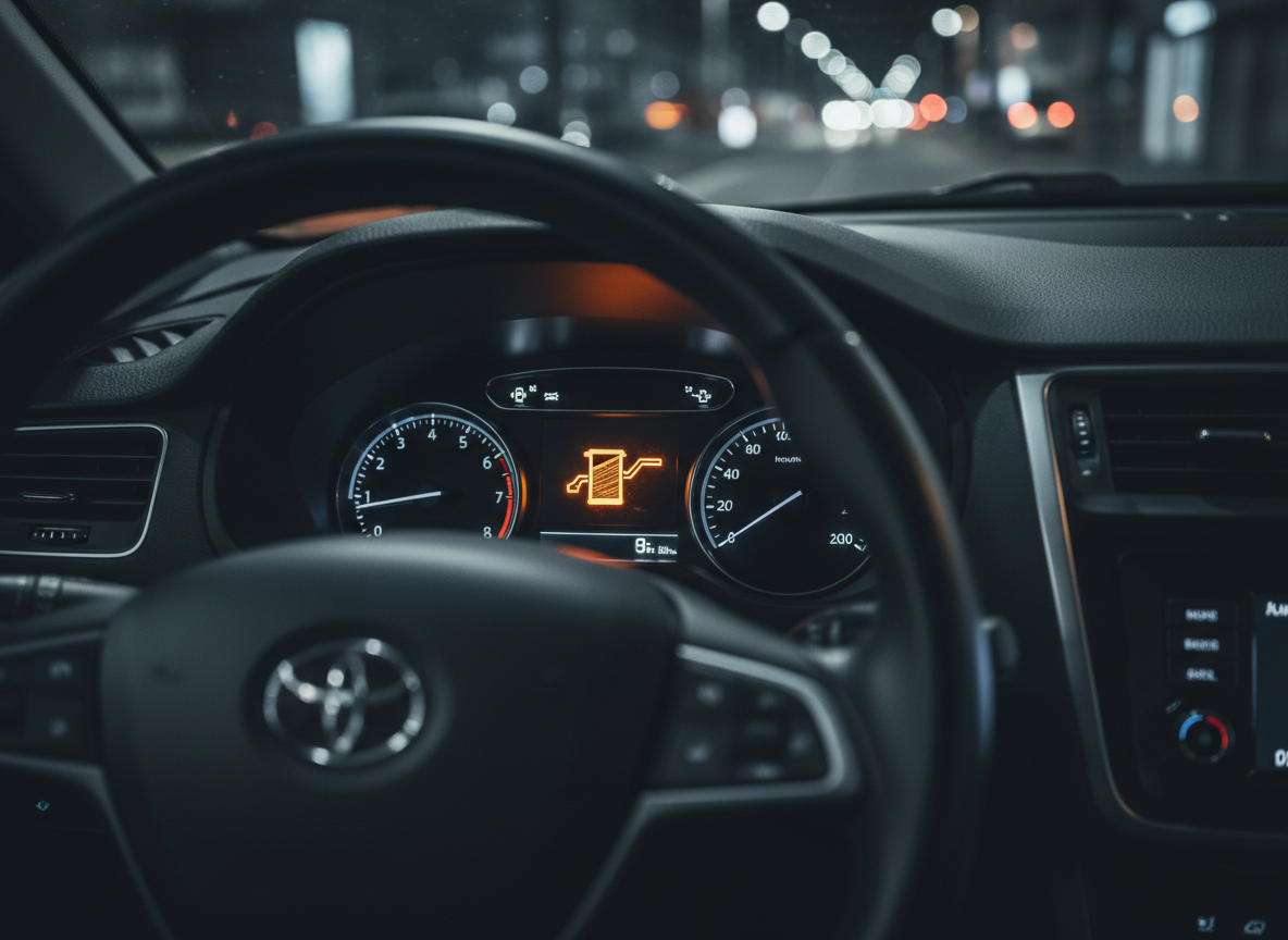 DPF warning light illuminated on a vehicle dashboard at night