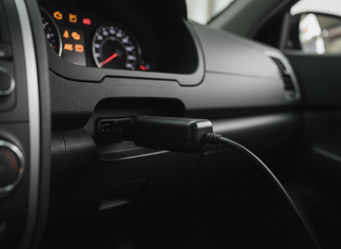 OBD diagnostic port with scanner tool plugged in for fault code reading