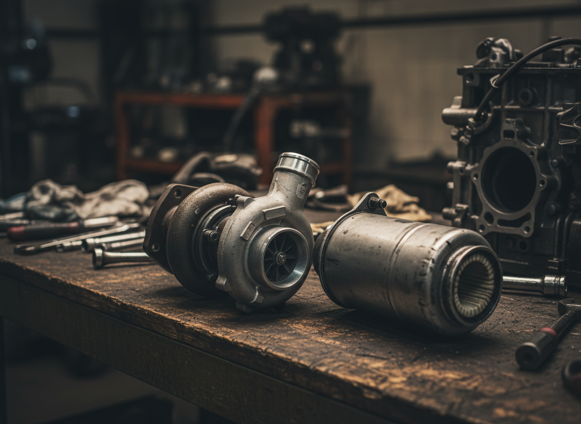 Removed turbocharger showing signs of wear and damage from a diesel vehicle