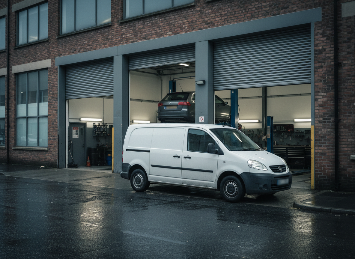 White diesel van parked outside a UK specialist DPF workshop
