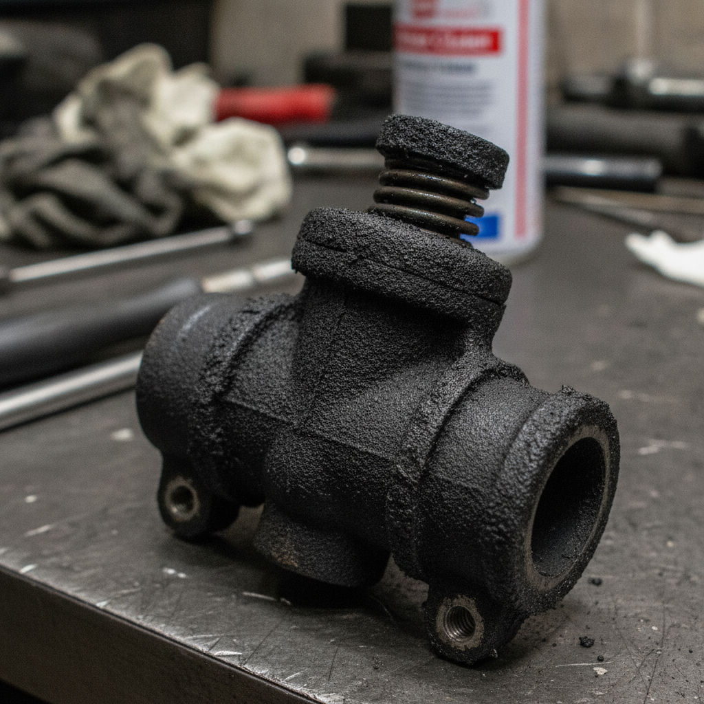 Close-up of carbon-coated EGR valve removed from a diesel engine showing heavy soot deposits
