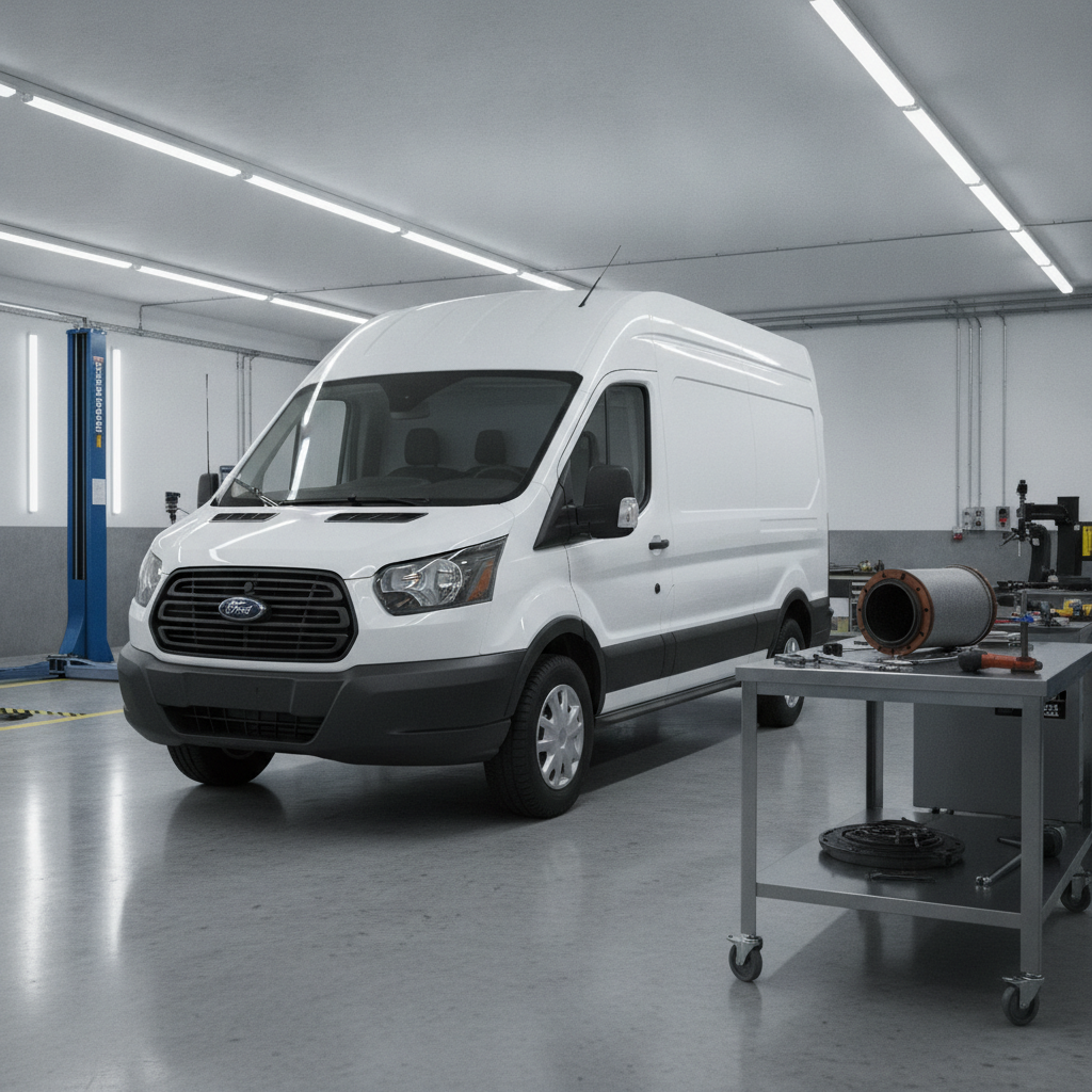 White Ford Transit van parked in a workshop, DPF filter on workbench in background