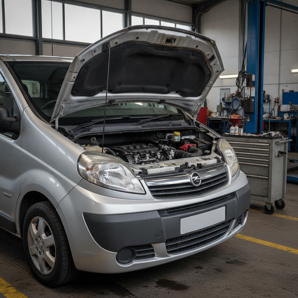 Vauxhall Vivaro diesel van with bonnet open in professional workshop