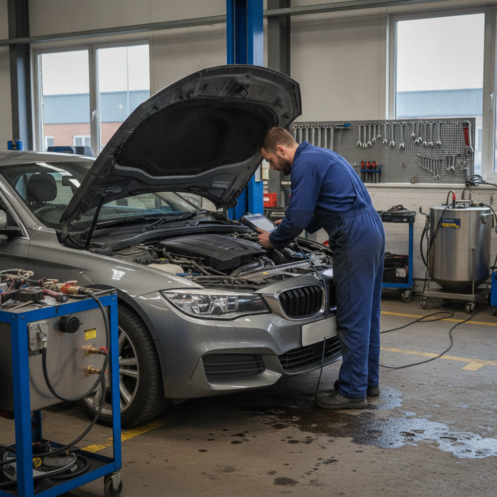 Diesel vehicle at specialist DPF cleaning workshop with technician connecting diagnostic equipment