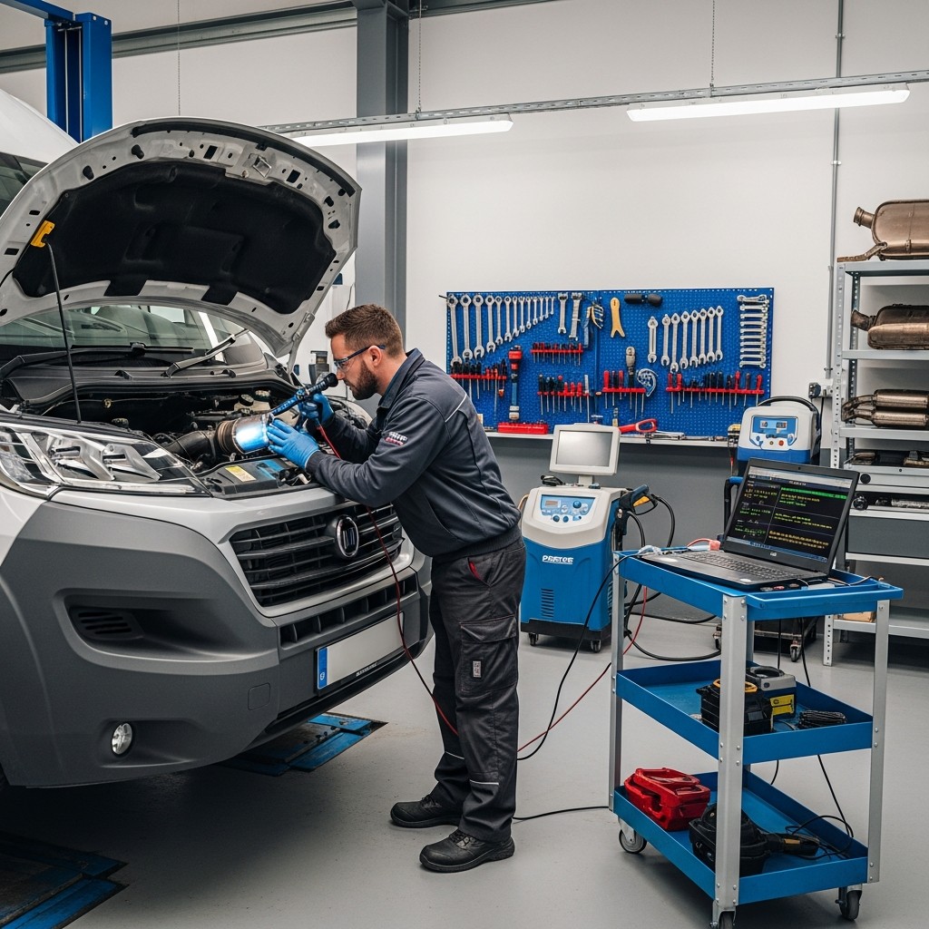 Fiat Ducato van DPF being inspected at a professional specialist workshop