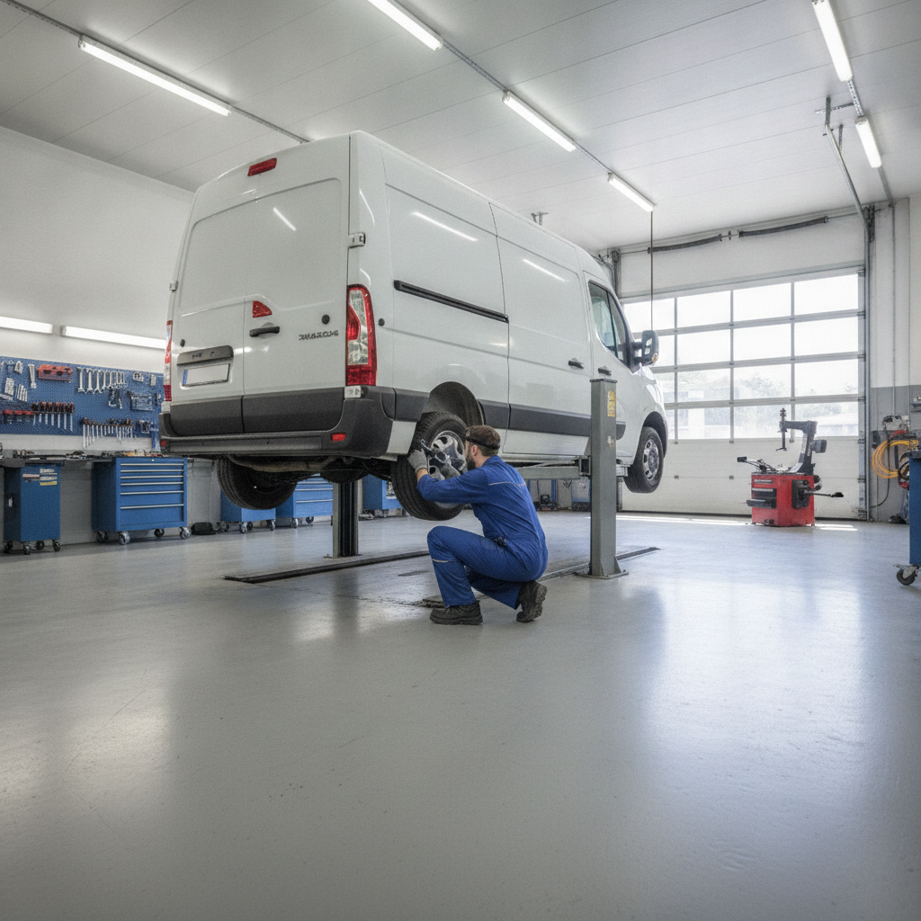 image White Renault Master panel van in commercial workshop with mechanic checking DPF area