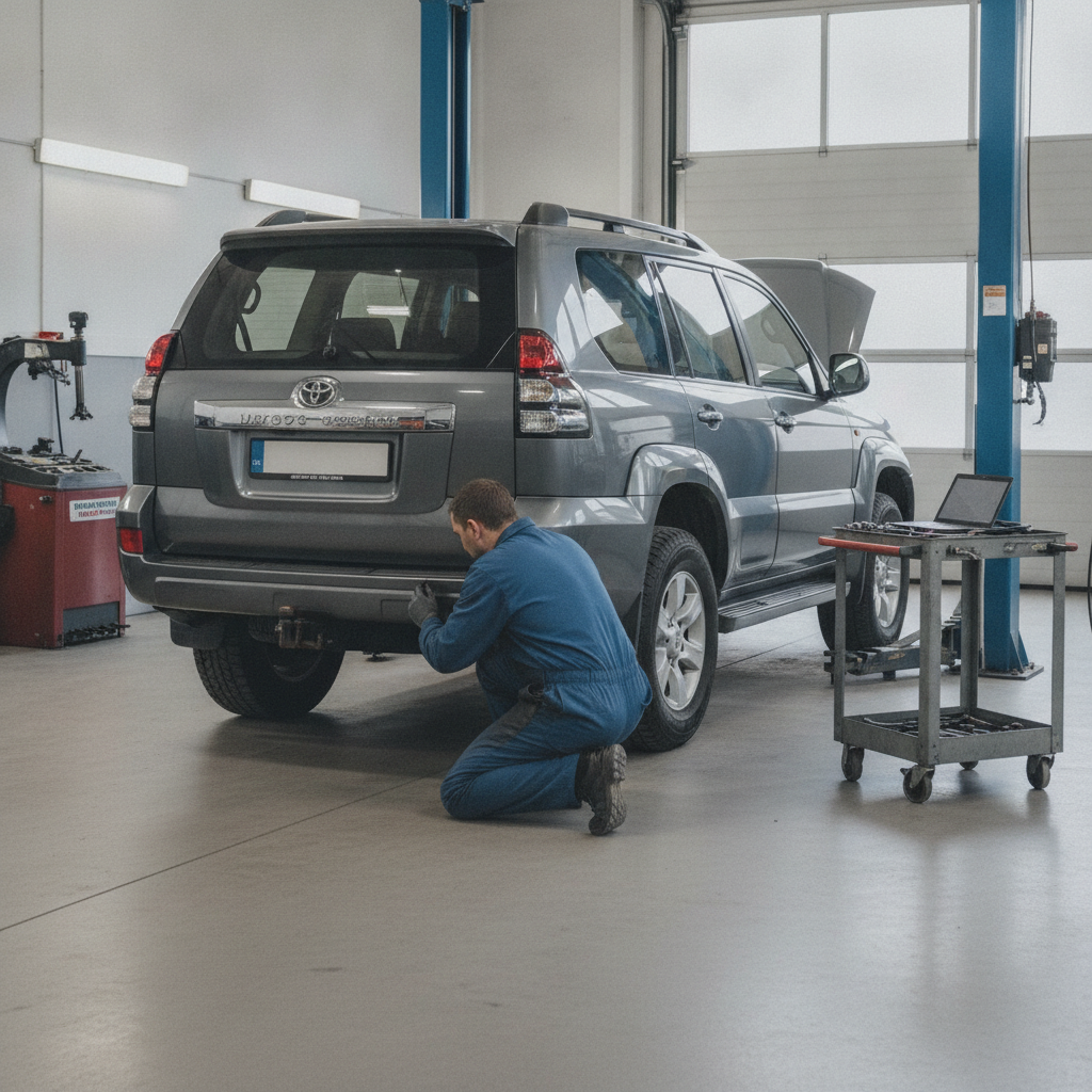 Toyota diesel SUV at a workshop with mechanic inspecting the exhaust system