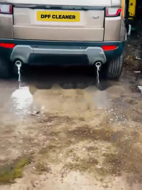 Foam and soot flushed from the exhausts of two Range Rover Evoques during an on-vehicle DPF clean